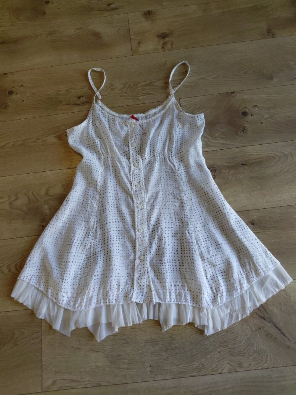 Sun Light Paris Micro Mini Dress Spaghetti Straps Silk Mesh Hem White Gray Small